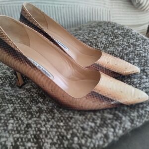 Manolo Blahnik Snakeskin Brown and Cream Heels